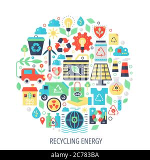 Recycling green energy flat infographics icons in circle - color concept illustration for recycling energy cover, emblem, template Stock Vector