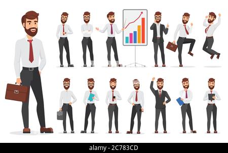 Handsome office businessman character different poses design. Vector cartoon man illustration Stock Vector