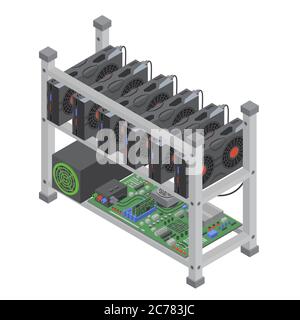 Isometric vector crypto currency mining single farm with graphic video cards Stock Vector