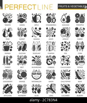 Vector Fruits vegetables black mini concept icons and infographic symbols set Stock Vector