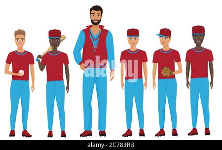 School kids children baseball team with a coach staing together. Vector illustration Stock Vector