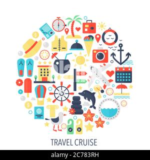 Travel cruise flat infographics icons in circle - color concept illustration for travel vacation cover, emblem, template. Stock Vector