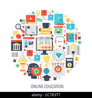 Modern online education flat infographics icons in circle - color concept illustration for education cover, emblem, template Stock Vector