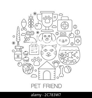 Pet friend in circle - concept line illustration for cover, emblem, badge. Pets thin line stroke icons. Stock Vector