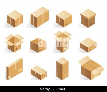 Isometric realistic cardboard delivery boxes. Opened, closed logistic box Stock Vector