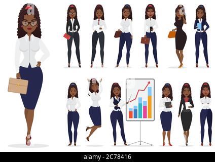 African american black businesswoman lady character different poses design set. Vector design Stock Vector