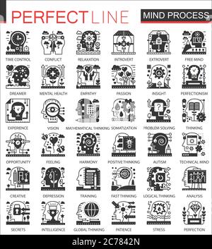 Vector Brain mind process black mini concept icons and infographic symbols set Stock Vector