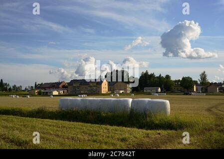 sloping field and hay bales packed in white plastic in Jarvenpaa, Finland Stock Photo