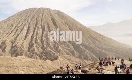 Active volcano mount Bromo in Bromo-Tengger-Semeru National Park in Indonesia. Stock Photo