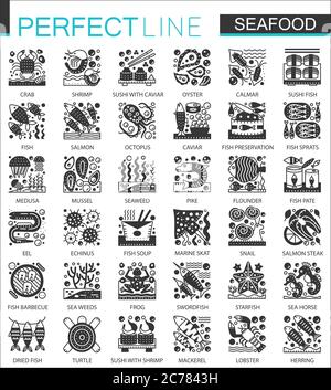 Vector Seafood classic black mini concept icons and infographic symbols set Stock Vector