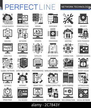 Network technology black mini concept icons and infographic symbols Stock Vector