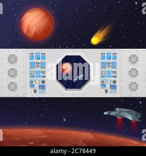 View from spaceship window with technical equipment, Mars planet and galaxy spaceship banners vector illustration Stock Vector