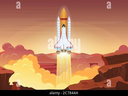 Heavy rocket launch from mars. Vector flat illustration Stock Vector