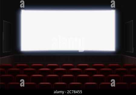Interior of a cinema movie theatre with shiny white blank screen. Red cinema or theater seats in front of the screen. Empty Cinema auditorium background vector illustration Stock Vector