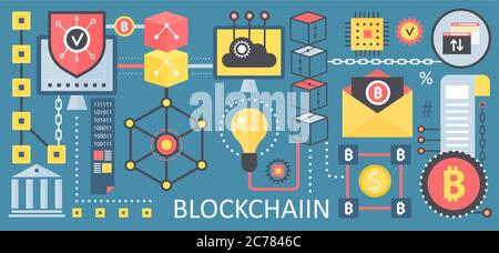 Bitcoin, cryptocurrency and blockchain network technology concept icons. Vector blockchain poster Stock Vector