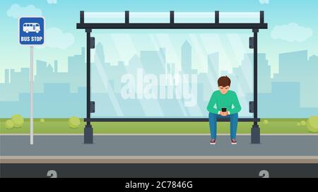 Young man sitting alone at the bus stop and using his phone. Vector illustration Stock Vector