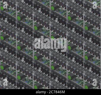 Isometric vector crypto currency mining farms seamless pattern Stock Vector