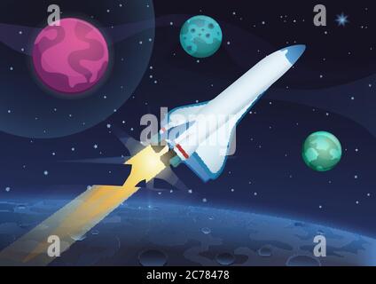 Vector illustration of a space rocket launch from Earth. Space travel to the alien planets and stars Stock Vector