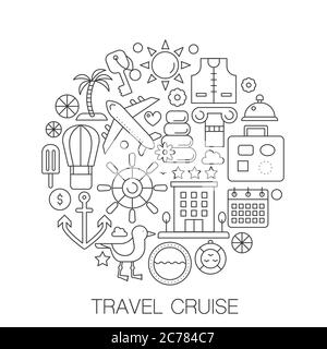 Travel cruise in circle - concept line illustration for cover, emblem, badge. Travel cruise vacation travel thin line stroke icons. Stock Vector