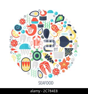 Seafood food flat infographics icons in circle - color concept illustration for seafood cover, emblem, template Stock Vector