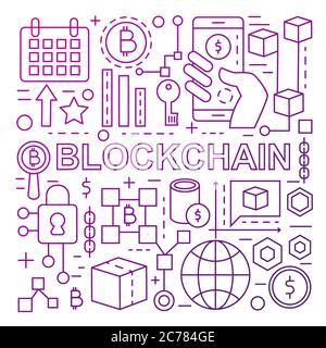 Blockchain technology banner template made with color line icons Stock Vector