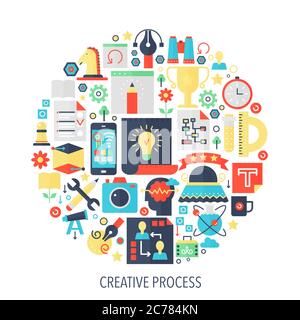 Creative process flat infographics icons in circle - color concept illustration for cover, emblem, template Stock Vector