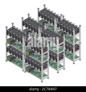 Several isometric vector crypto currency mining farms concept with graphic video cards. Stock Vector