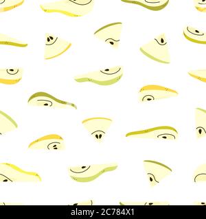 Pear slices. Endless texture with yellow, green, orange pears isolated on white. Positive fruit summer print. Vector seamless pattern in flat cartoon Stock Vector