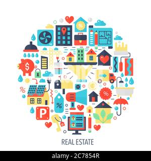 Real estate flat infographics icons in circle - color concept illustration for Real estate cover, emblem, template Stock Vector