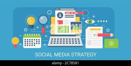 Flat modern vector concept Social media strategy banner with icons and text Stock Vector