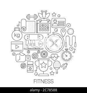 Sport fitness food in circle - concept line illustration for cover, emblem, badge. Fitness thin line stroke icons Stock Vector