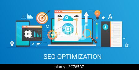 Flat modern vector concept Seo optimization and analytics banner with icons and text Stock Vector