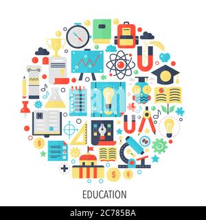 University, school Education flat infographics icons in circle - color concept illustration for education cover, emblem, template Stock Vector