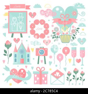Set of vector elements for wedding design. Save the date. Collection of floral doodles, leaves and branches, flowers and gifts, arrows, hearts, arrows, ballons Stock Vector