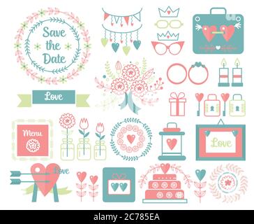 Vector vintage set of decorative wedding elements and hand drawn icons illustrations. Floral doodles, leaves, branches, flowers, birds, laurels, banners and frames Stock Vector