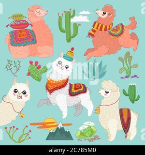 Set of vector cute vector alpaca lama and desert cactus elements Stock Vector