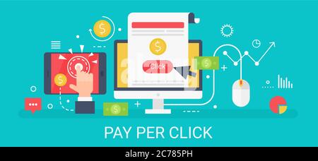 Flat modern vector concept Pay per click banner with icons and text Stock Vector