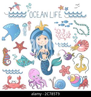 Marine life illustrations set. Little cute cartoon mermaid princess siren with sea ocean fishes and others animals Stock Vector