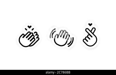 Hands gesture icon set. Clapping, greeting, hearts from fingers. Sign language concept. Ecology reusable bag icon. Vector on isolated white background Stock Vector