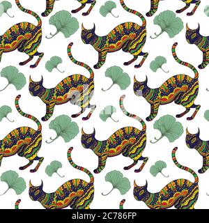 Seamless pattern with ornamental psychedelic cat, Stock Vector