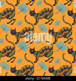 Seamless pattern with ornamental psychedelic cat, Stock Vector