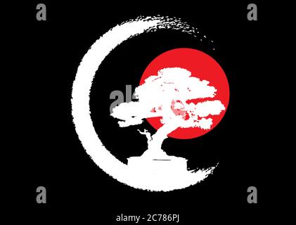 Japanese bonsai tree logo, white plant silhouette icons on black background, green ecology silhouette of bonsai and red sunset. Detailed image isolate Stock Vector