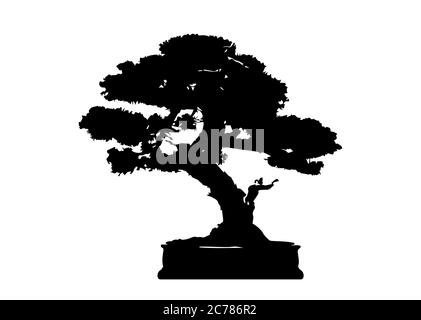 Japanese bonsai tree , plant silhouette icons on white background, Black silhouette of bonsai. Detailed image. Vector isolated Stock Vector