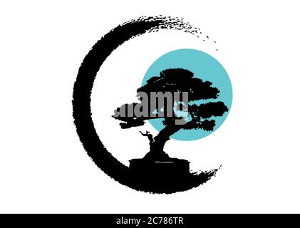 Japanese bonsai tree logo, black plant silhouette icons on white background, green ecology silhouette of bonsai and blue moon or sun. Detailed image. Stock Vector