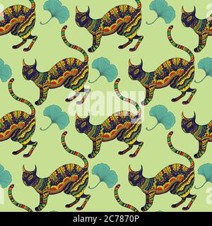 Seamless pattern with ornamental psychedelic cat, Stock Vector