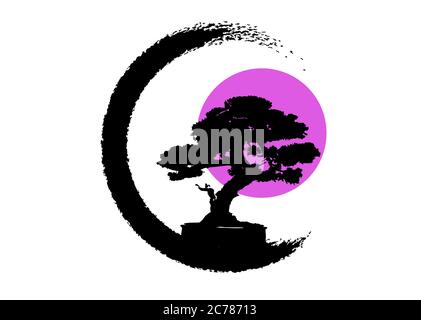 Japanese bonsai tree logo, black plant silhouette icons on white background, green ecology silhouette of bonsai and pink moon or sun. Detailed image. Stock Vector