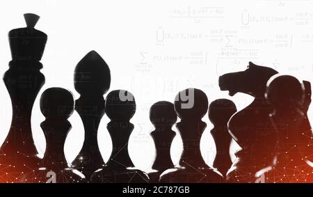 Chess Pieces Standing Over White Background, Collage With Math Formulas Stock Photo