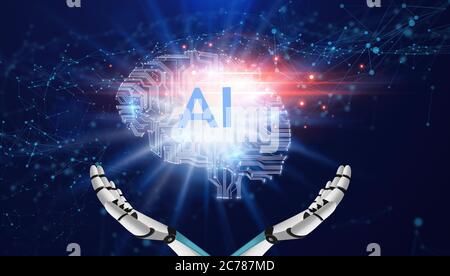 Cyborg hands holding technological proection of human brain Stock Photo