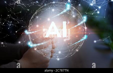 Globe with AI lettering over unrecognizable person using smartphone Stock Photo