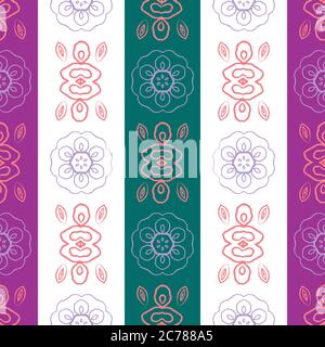 Vector teal, pink, white striped folk art seamless pattern background. Modern geometric backdrop with wide stripes and abstract floral shapes Stock Vector